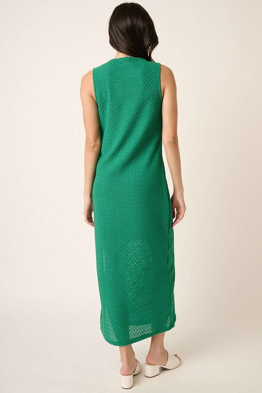 Sleeveless Round Neck Side Slit Knit Dress in Green