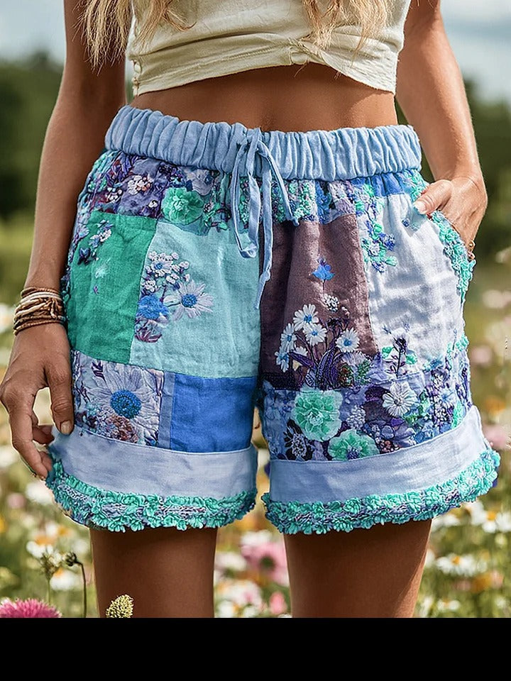 Women's Retro Floral Print Casual Shorts with Drawstring Waist - Image 13