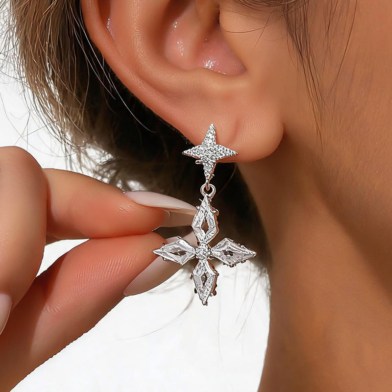 Women Star Burst Cubic Zirconia Pendant Stud Earrings,Niche Minimalist Delicate Light Luxury Fashion Dangle Earrings For Daily Wear Jewelry