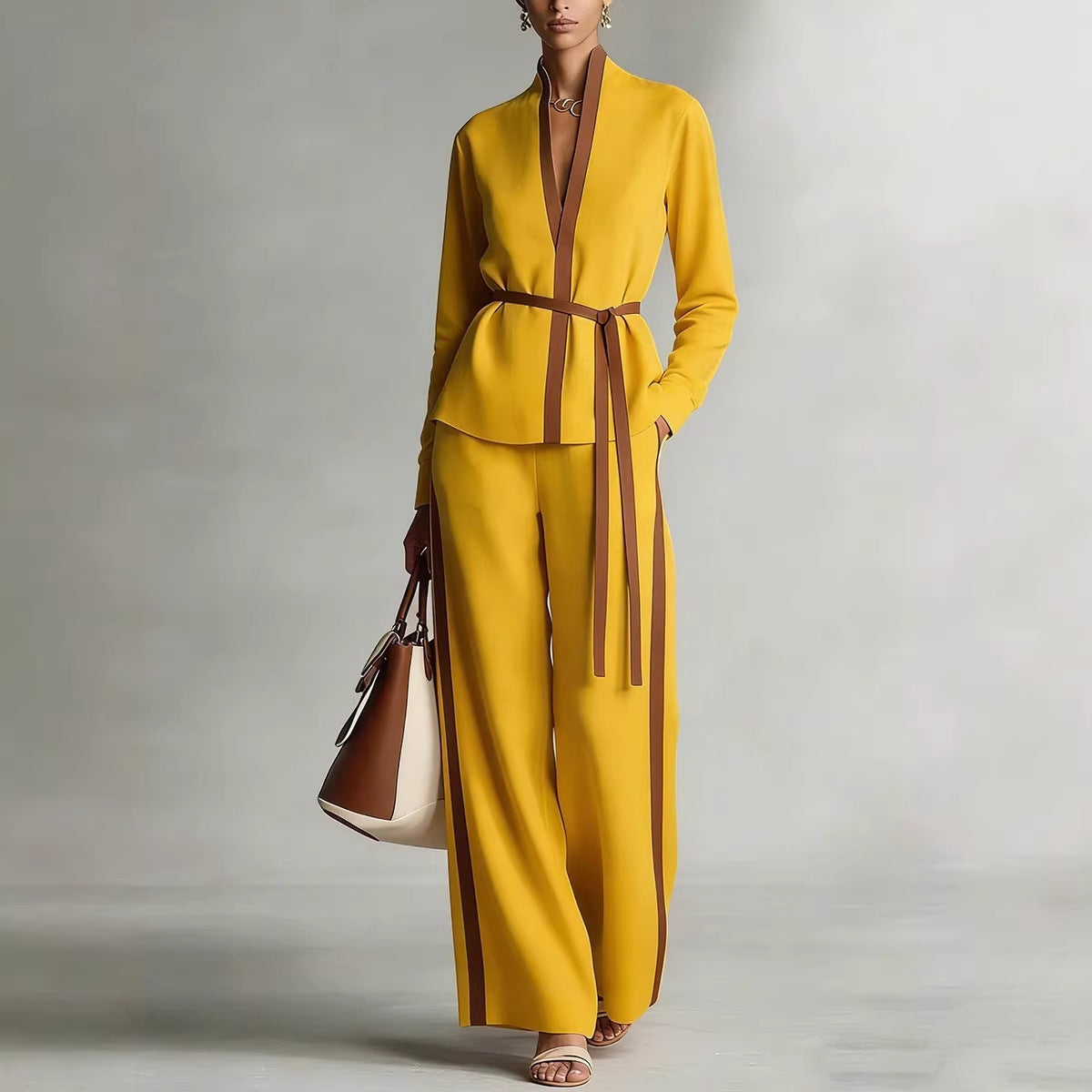 Women’s Contrast Trim Belted Cardigan and Wide Leg Pants Set - Image 4