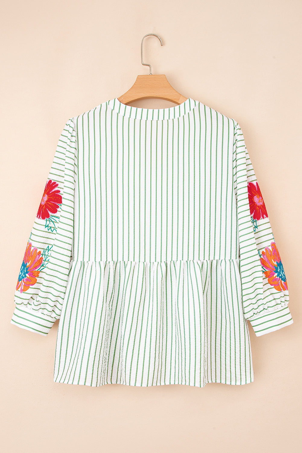 Ashley Stripe Flower Puff Sleeve V Neck Babydoll Blouse