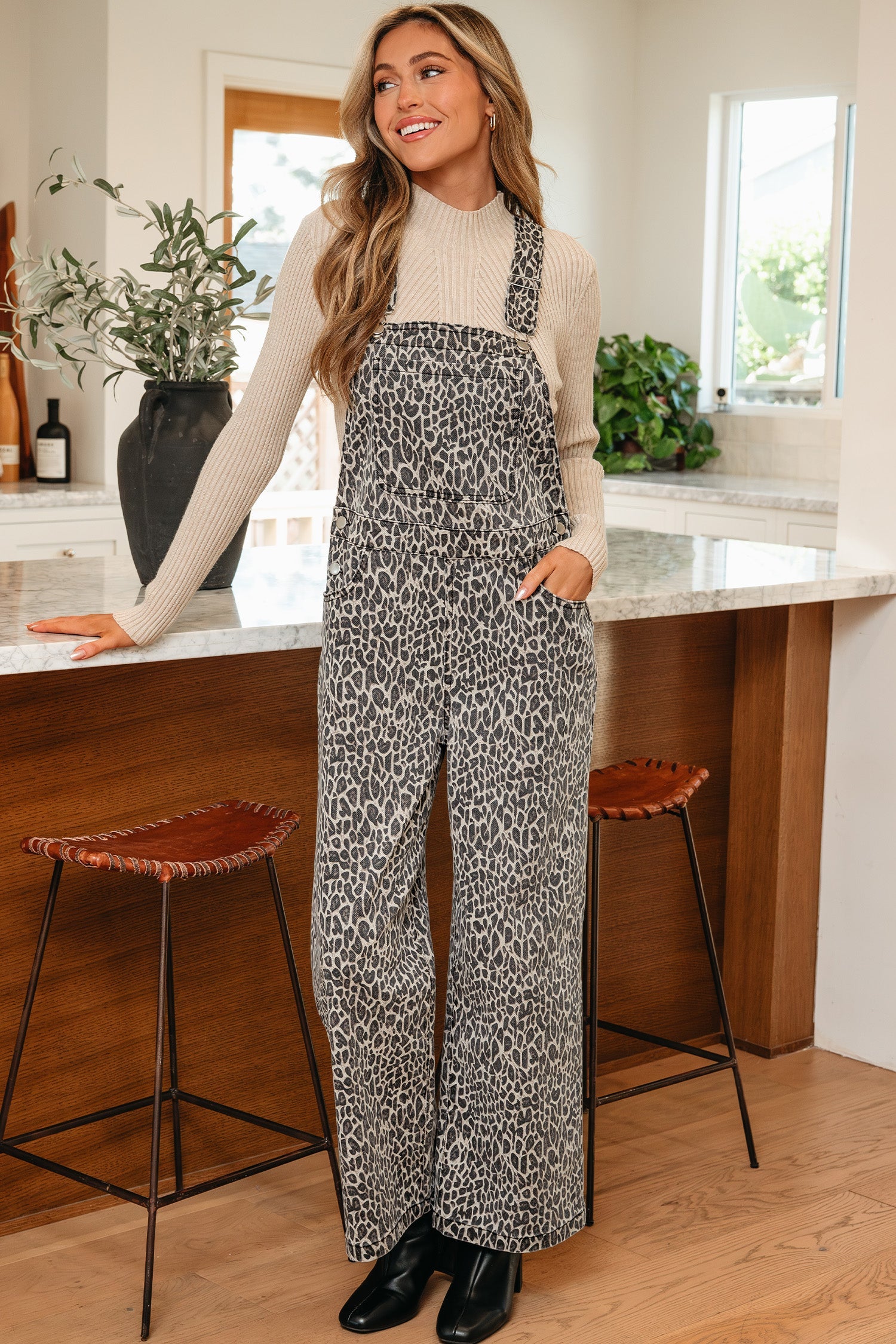 Leopard Straight Leg Loose Denim Overall Jumpsuit