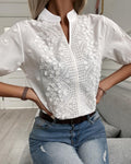 Women's V-Neck Stand Collar Embroidered Lace Blouse in White - Image 3