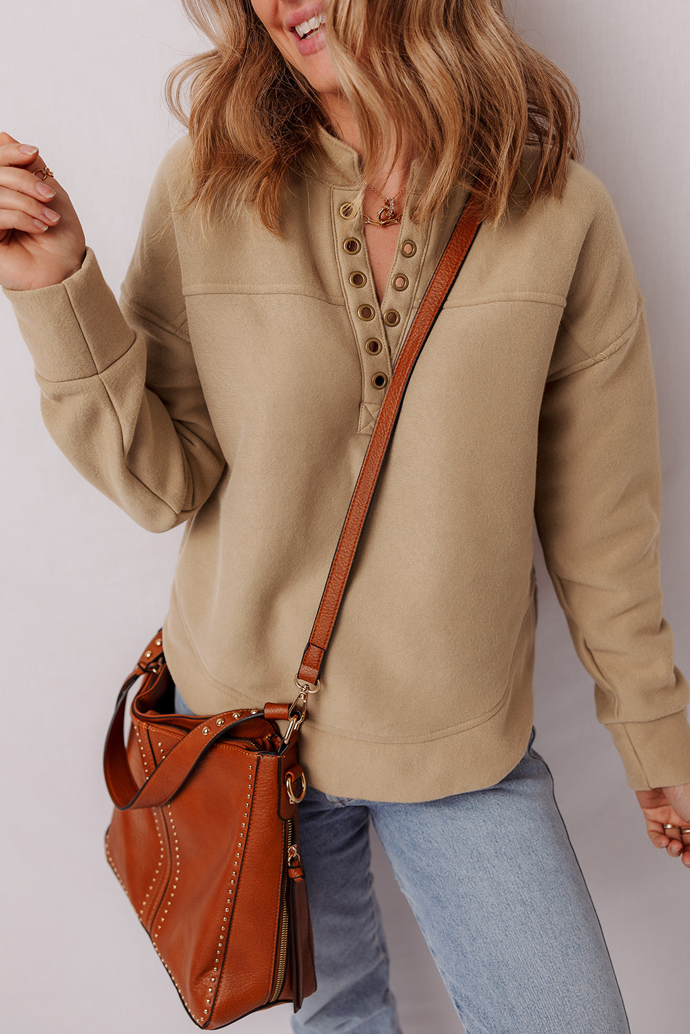 Women's Tan Grommet Detail Sweatshirt Long Sleeve Pullover