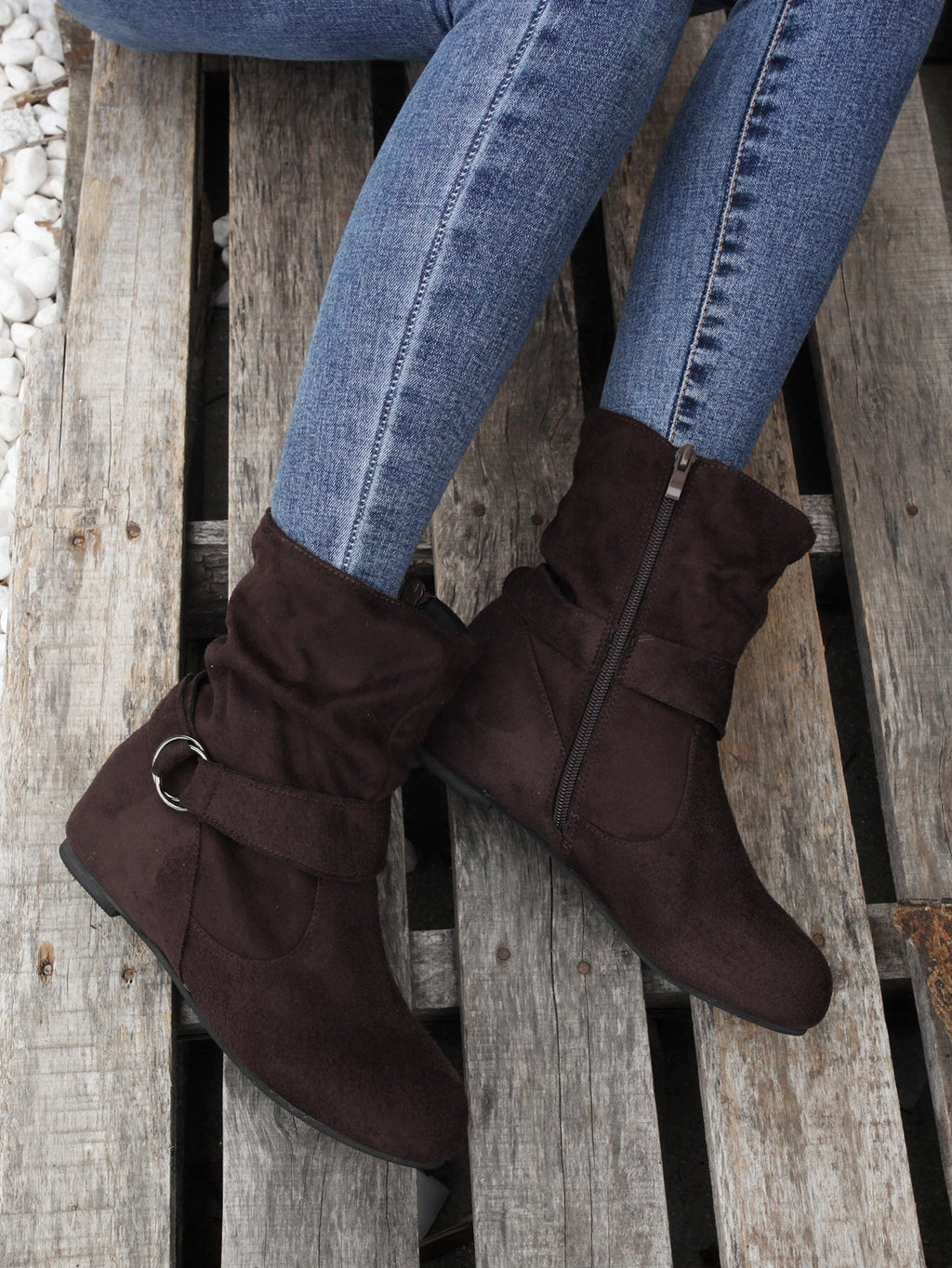 Women's Ankle Boots with Buckle Belt & Side Zip