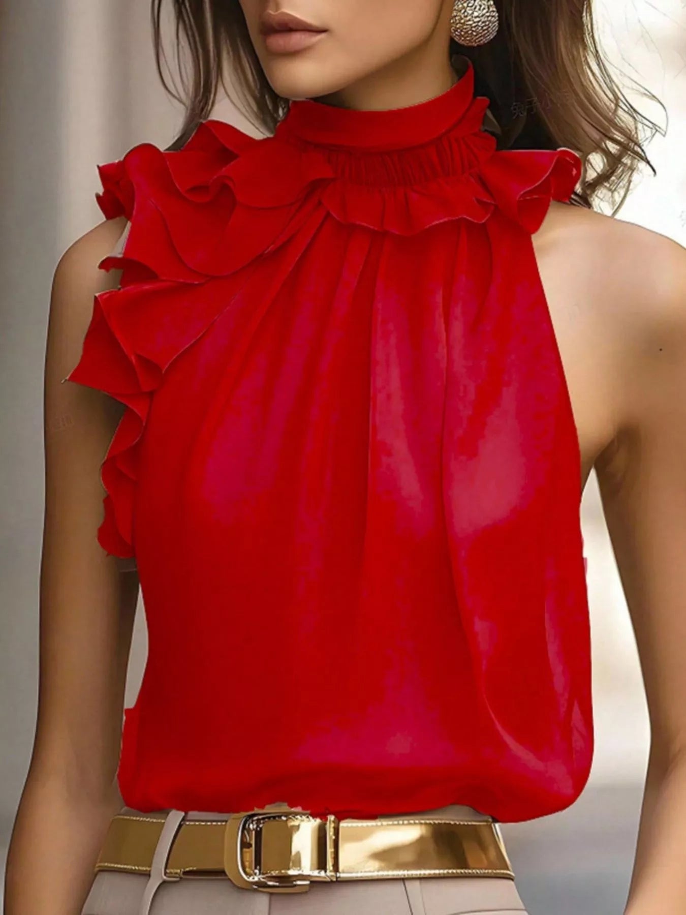 Ruffle High Neck Sleeveless Tank