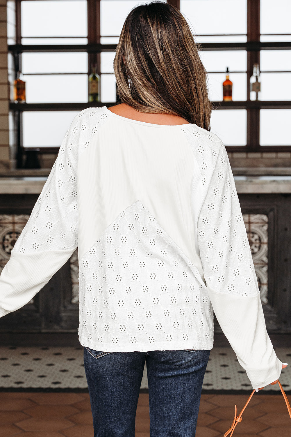 White Twisted Rib Patchwork Embroidered V Neck Long Sleeve Top