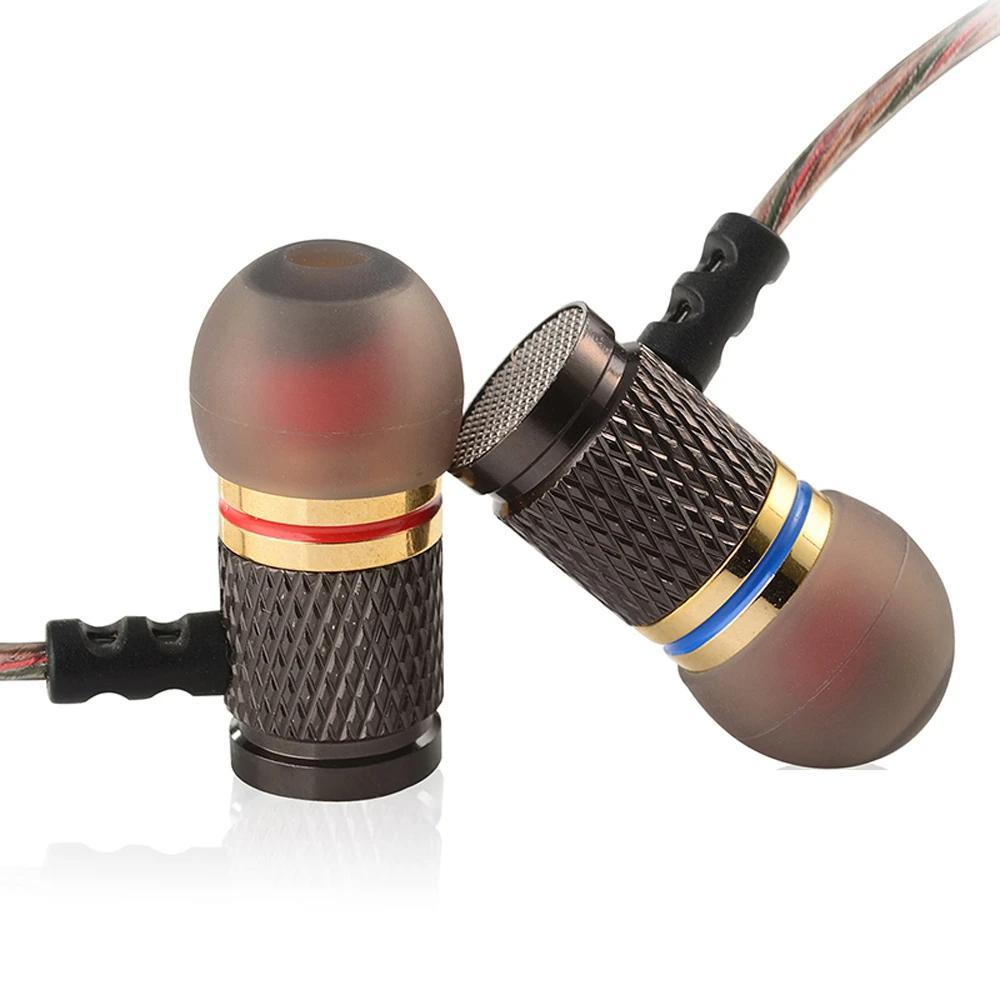 Metallic HiFi sport earbuds in gunmetal, gold, and red finishes with 3.5mm jack