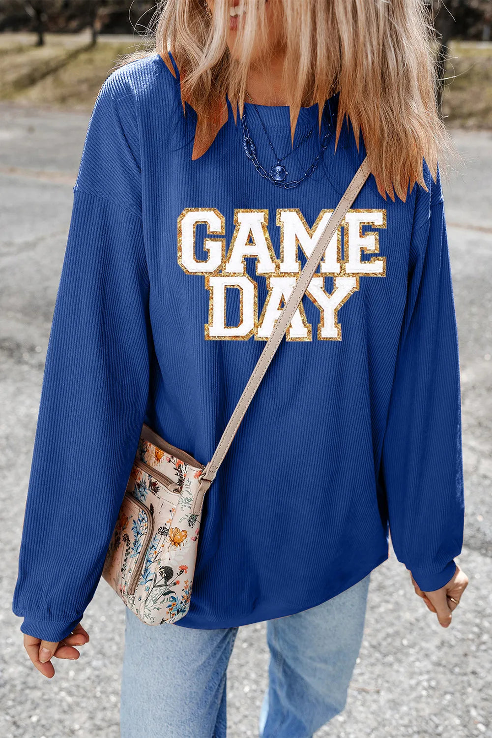 GAME DAY Round Neck Long Sleeve Sweatshirt | Glitter Polyester
