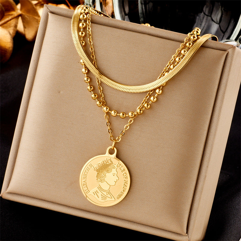 European And American Retro Butterfly Pearl Double-Layered Necklace For Women, Cross-Border Light Luxury Niche Stainless Steel Gold-Plated Jewelry Necklace