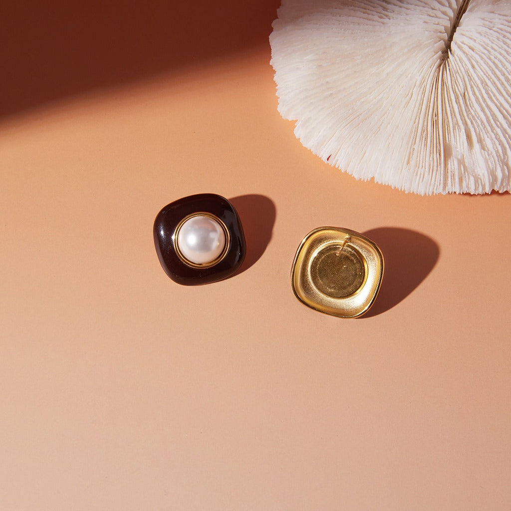 18K Gold-Plated Pearl & Enamel Stud Earrings