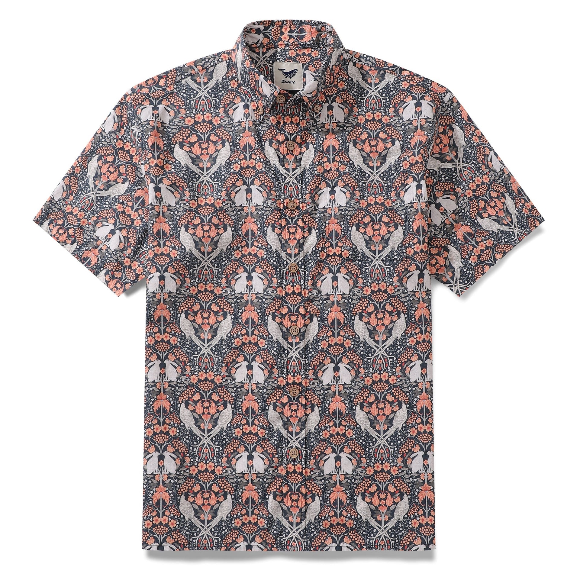 Men's Enchanted Woodland short sleeve button-down shirt featuring navy, coral, and cream animal and botanical print.