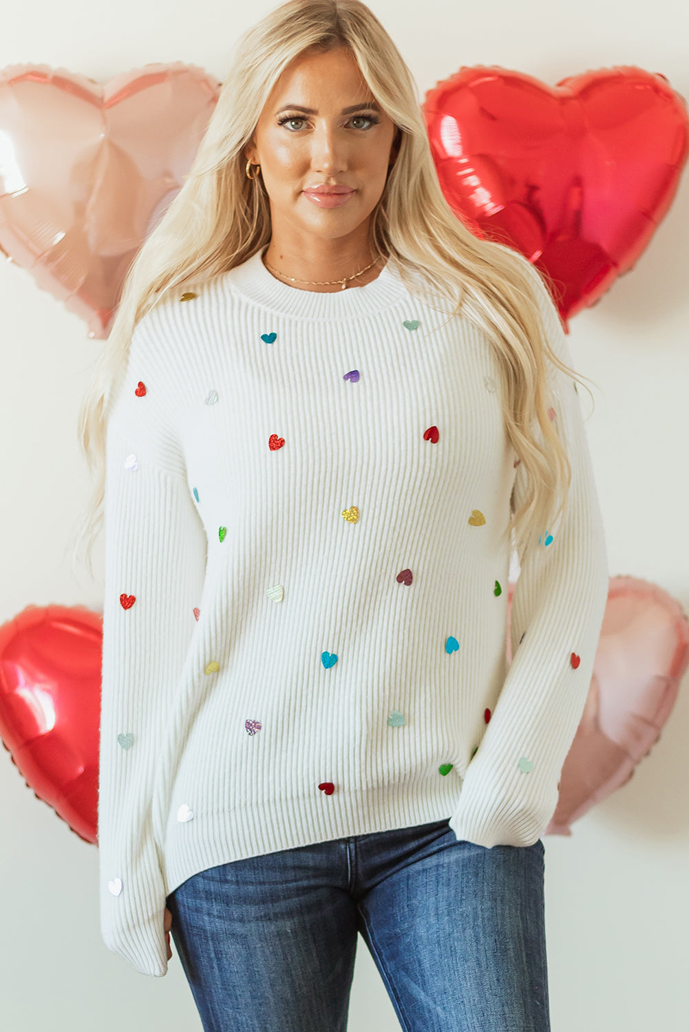 White Waffle Knit Sweater with Multi-Color Sequin Heart Accents