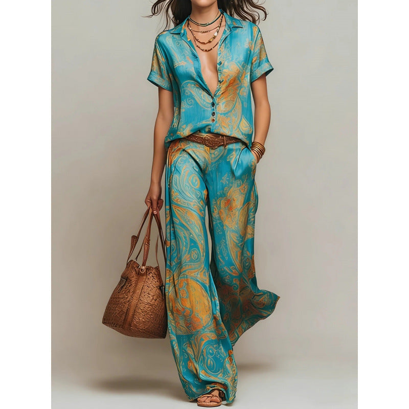 Blue and Orange Bohemian Print Two-Piece Resort Shirt and Pants - Image 6