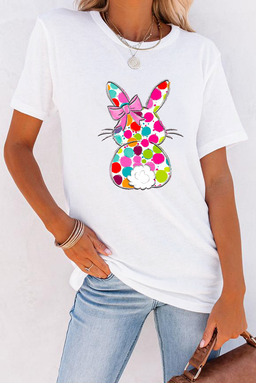 White Polka Dot Bow Rabbit Graphic Crewneck Easter T-Shirt