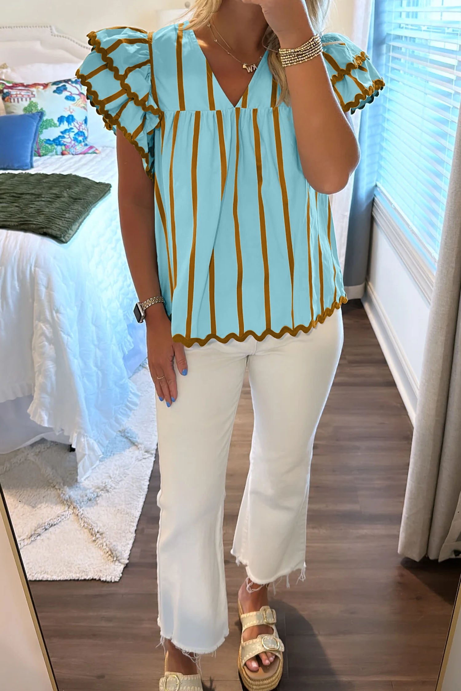 Sky Blue Stripe Ricrac Trim Double Ruffled Short Sleeve V Neck Blouse