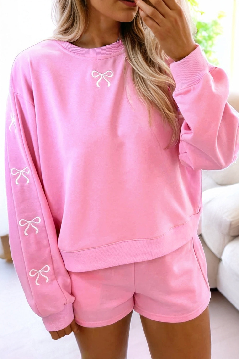 Sachet Pink Bow Embroidered Puff Sleeve Pullover 2pc Set