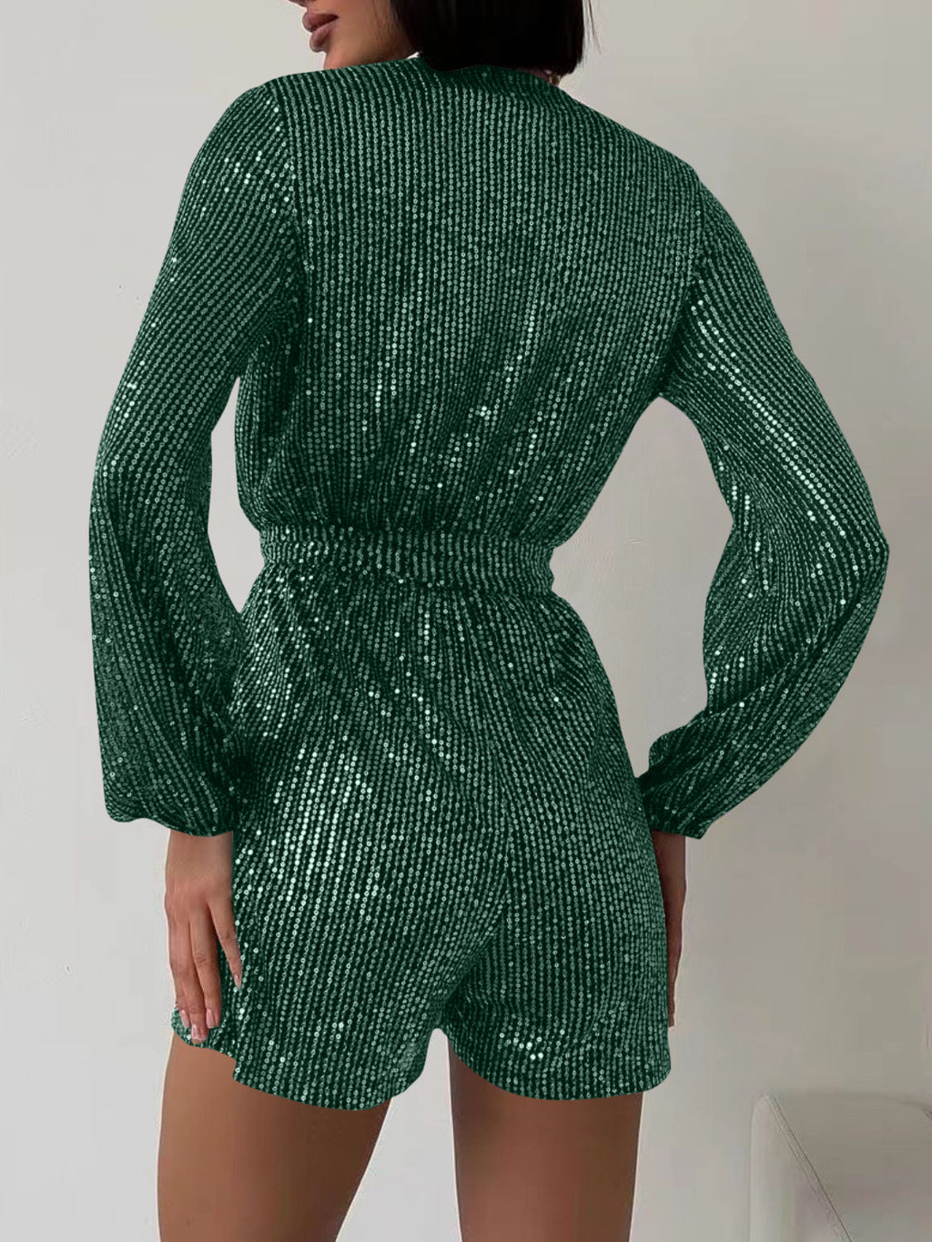 Sequin Surplice Tie Waist Long Sleeve Mini Romper