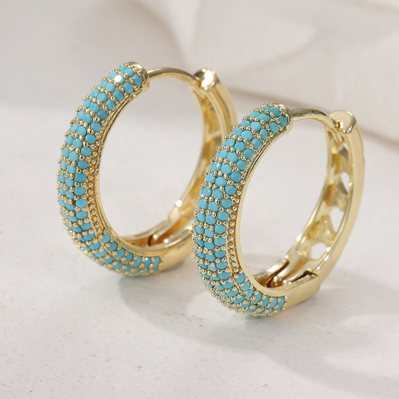 Vintage Turquoise Beaded Hoop Earrings Gold Tone Brass Women Boho Daily Party Fashion Jewelry Elegant