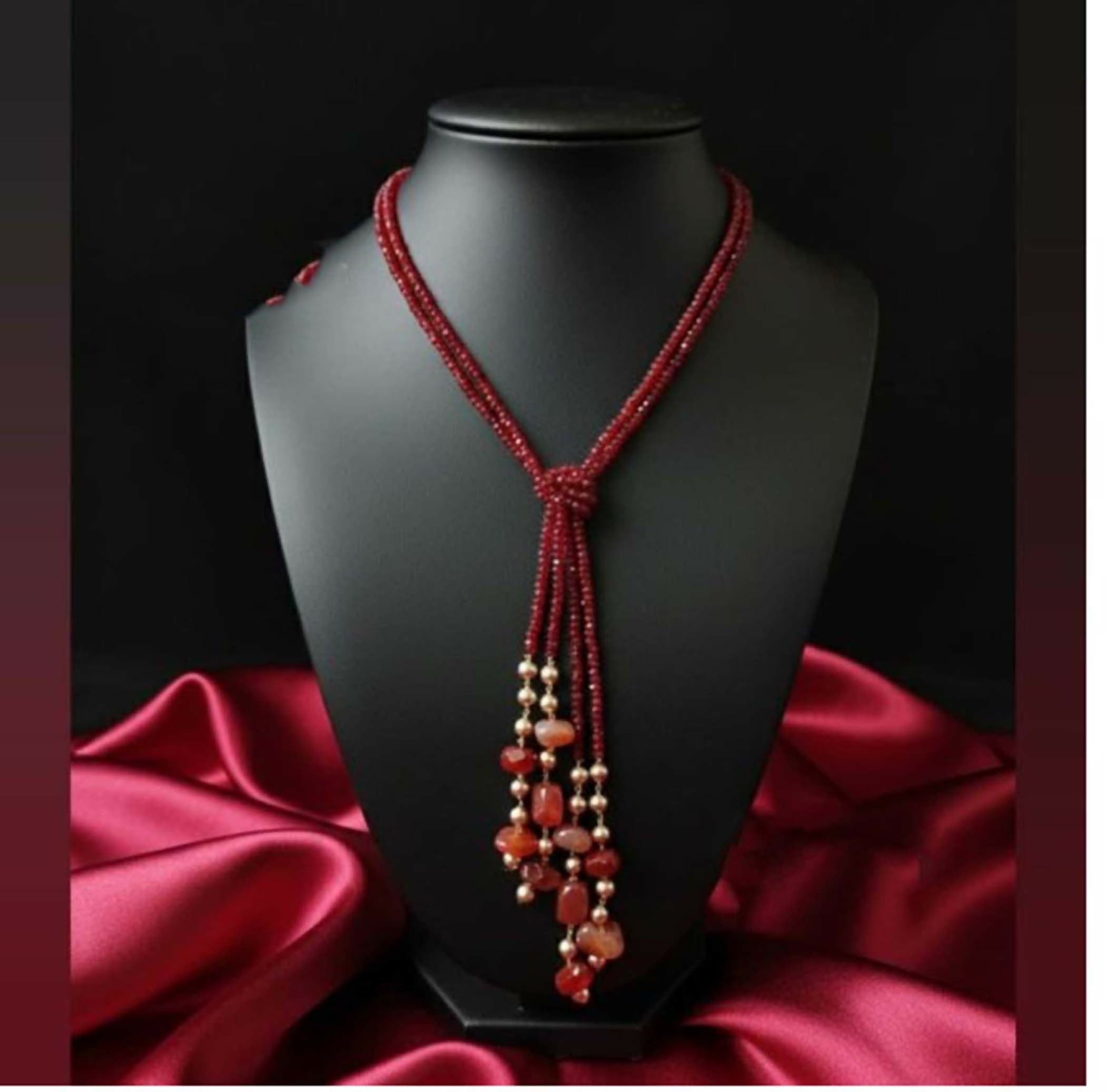 Dista red 2-line long statement necklace made with Agate bead rondelles