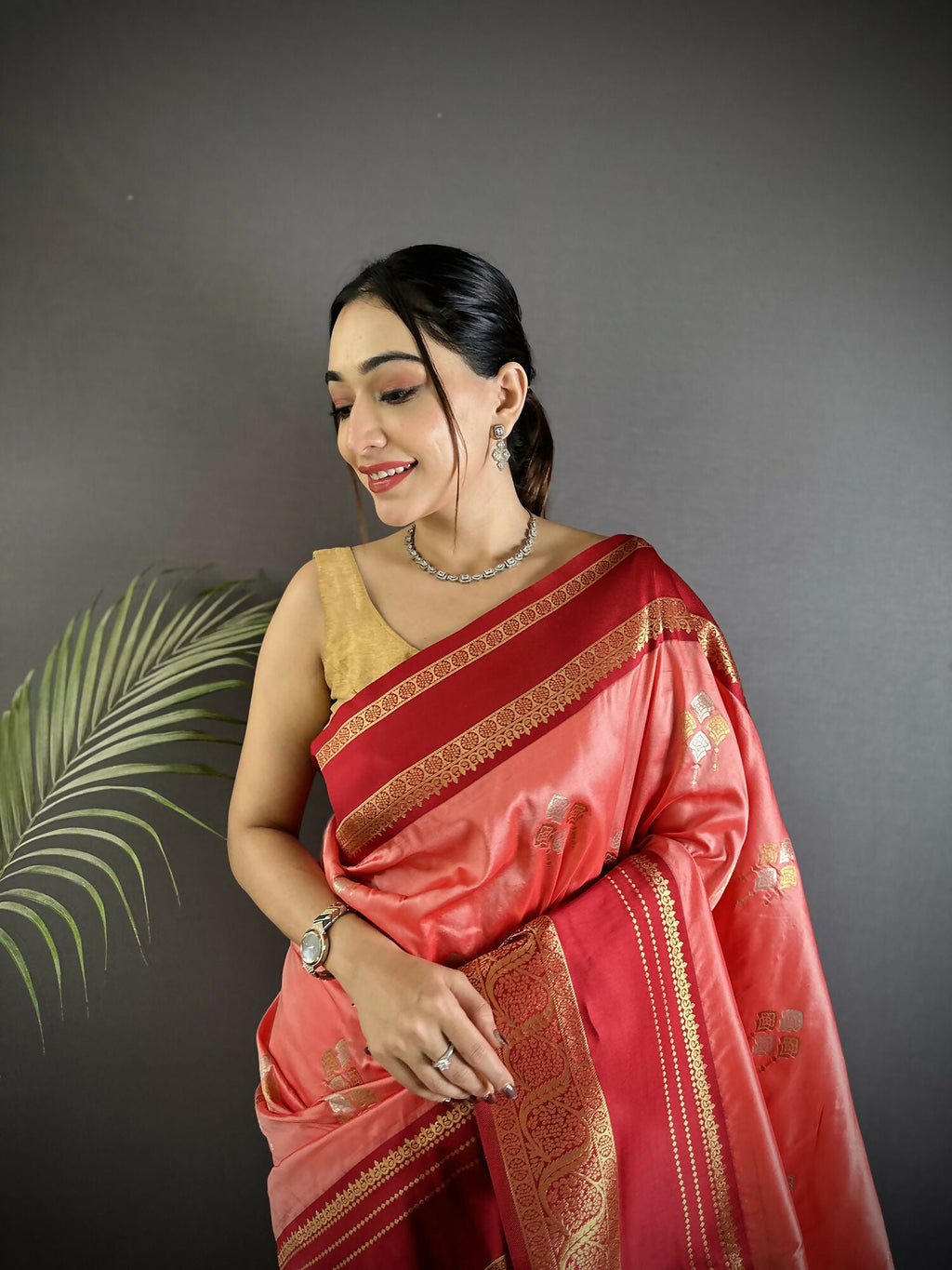 Salmon Pink Banarasi Soft Silk Woven Saree