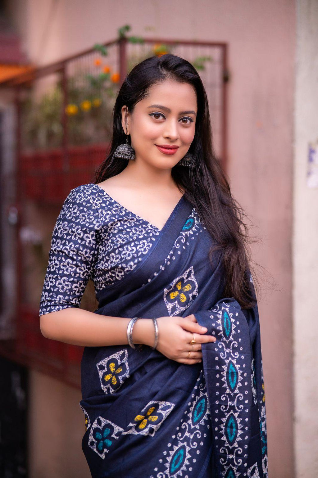 Blue Silk Blend Saree with Ethnic Batik Style Prints