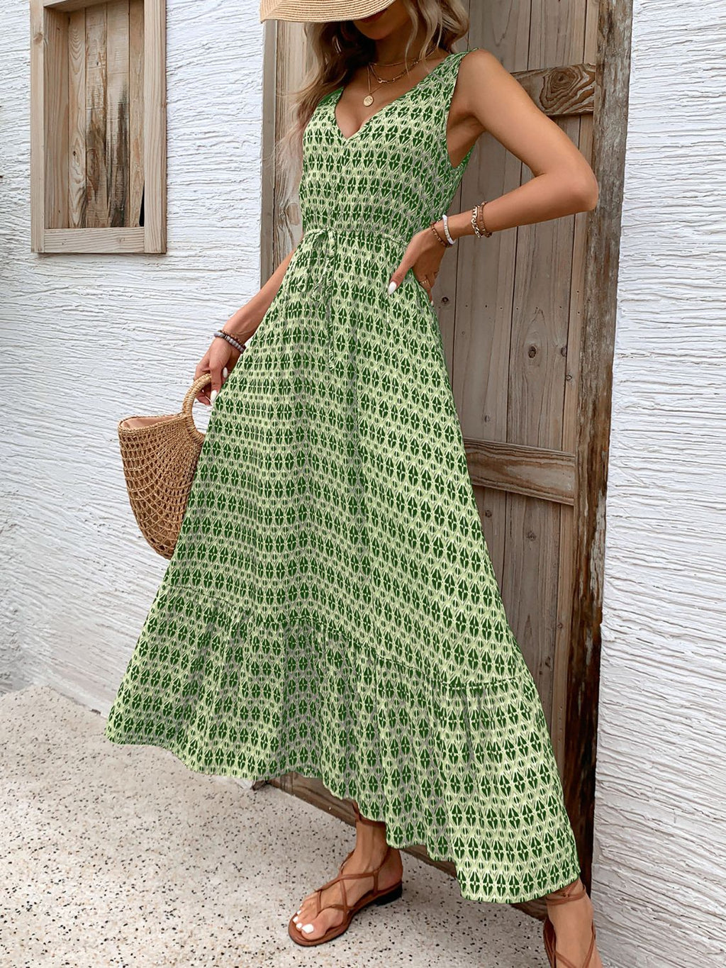 Vintage Printed V-Neck Midi Dress with Tie Waist