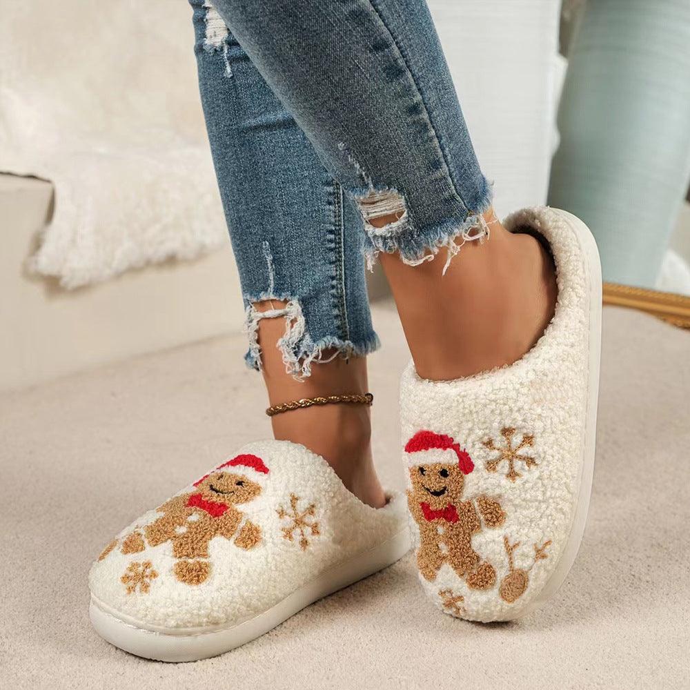 Gingerbread Man Christmas Slippers, Plush Fleece Warm House Shoes