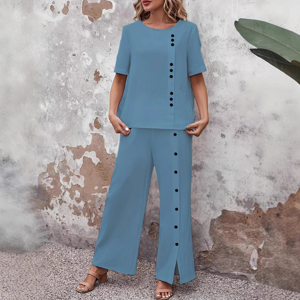 Women's Two-Piece Button-Detail Linen Blend Matching Set - Image 2