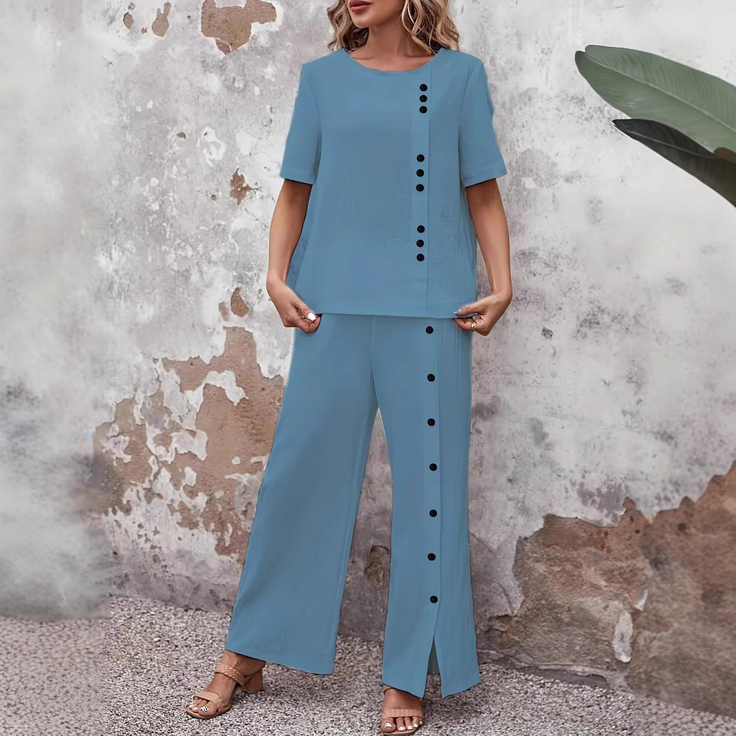Women's Two-Piece Button-Detail Linen Blend Matching Set - Image 2