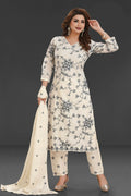 Elegant 3-piece beige cotton kurta set with matching dupatta and trousers