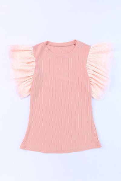 Ruffled Round Neck Cap Sleeve Blouse