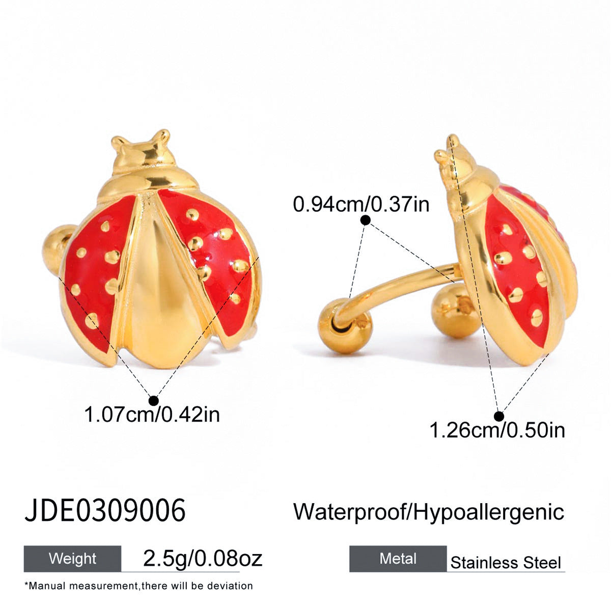 Gold Ladybug Ear Cuff with Pearl Stud in Waterproof Stainless Steel