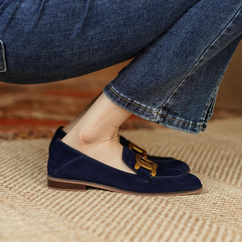 Women's Navy Suede Loafers with Retro Metal Buckle Detail - Image 2