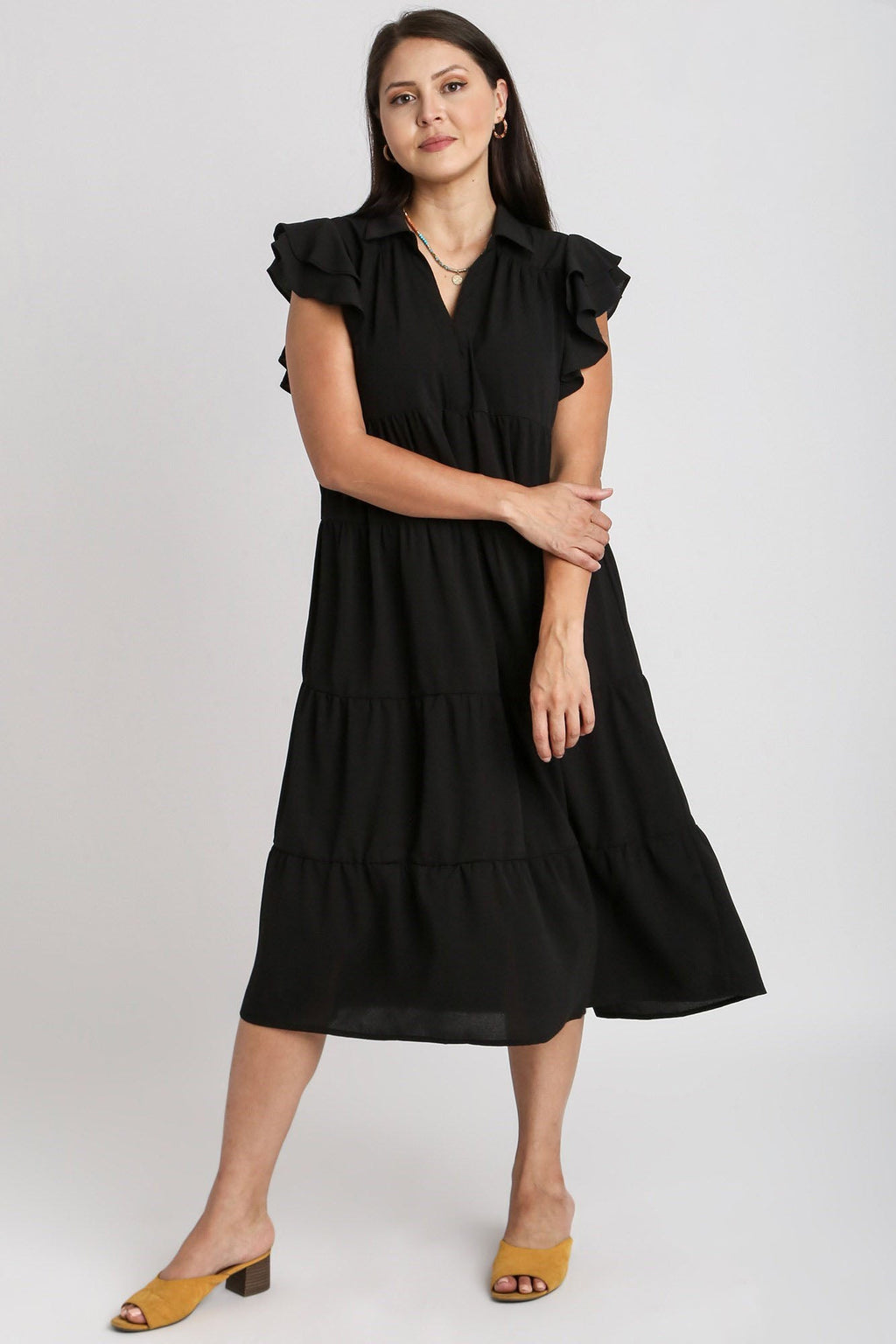 Ruffle Cap Sleeve Tiered Dress: Minimalist Black Evening Dress