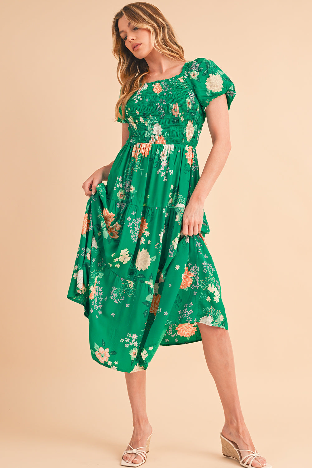 Green Floral Bubble Sleeve Smocked Midi Dress | Viscose