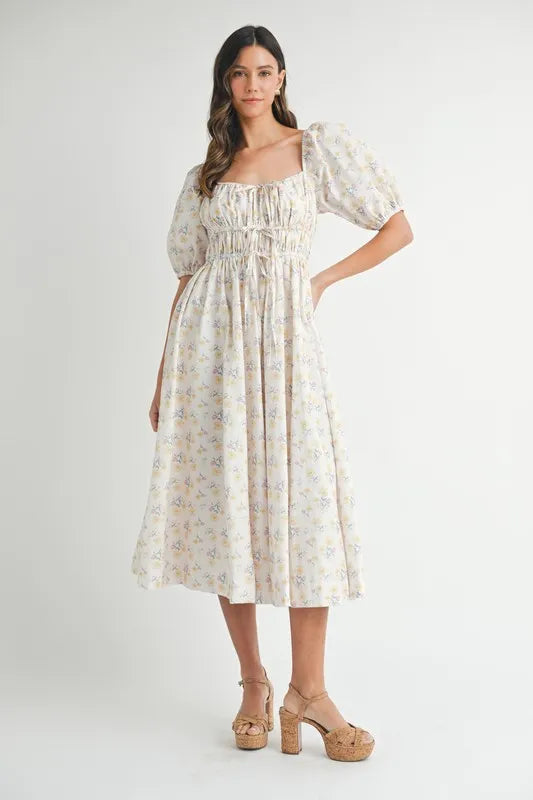 Floral Drawstring Puff Sleeve Midi Dress in White, Yellow, Blue