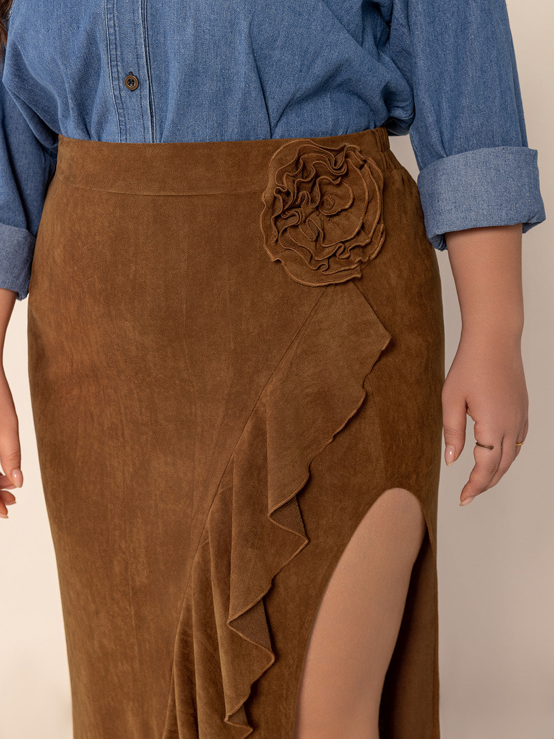Ruffled Slit High Rise A-Line Skirt in Brown | Floor Length