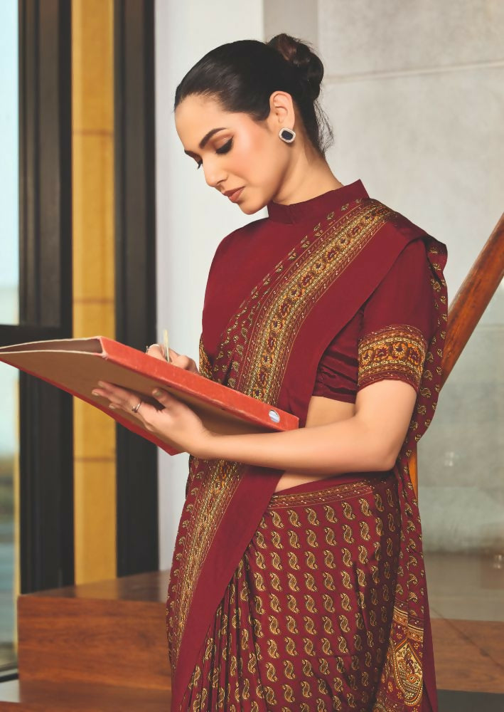 Red Crepe Silk Saree with Traditional Print for Party Wear
