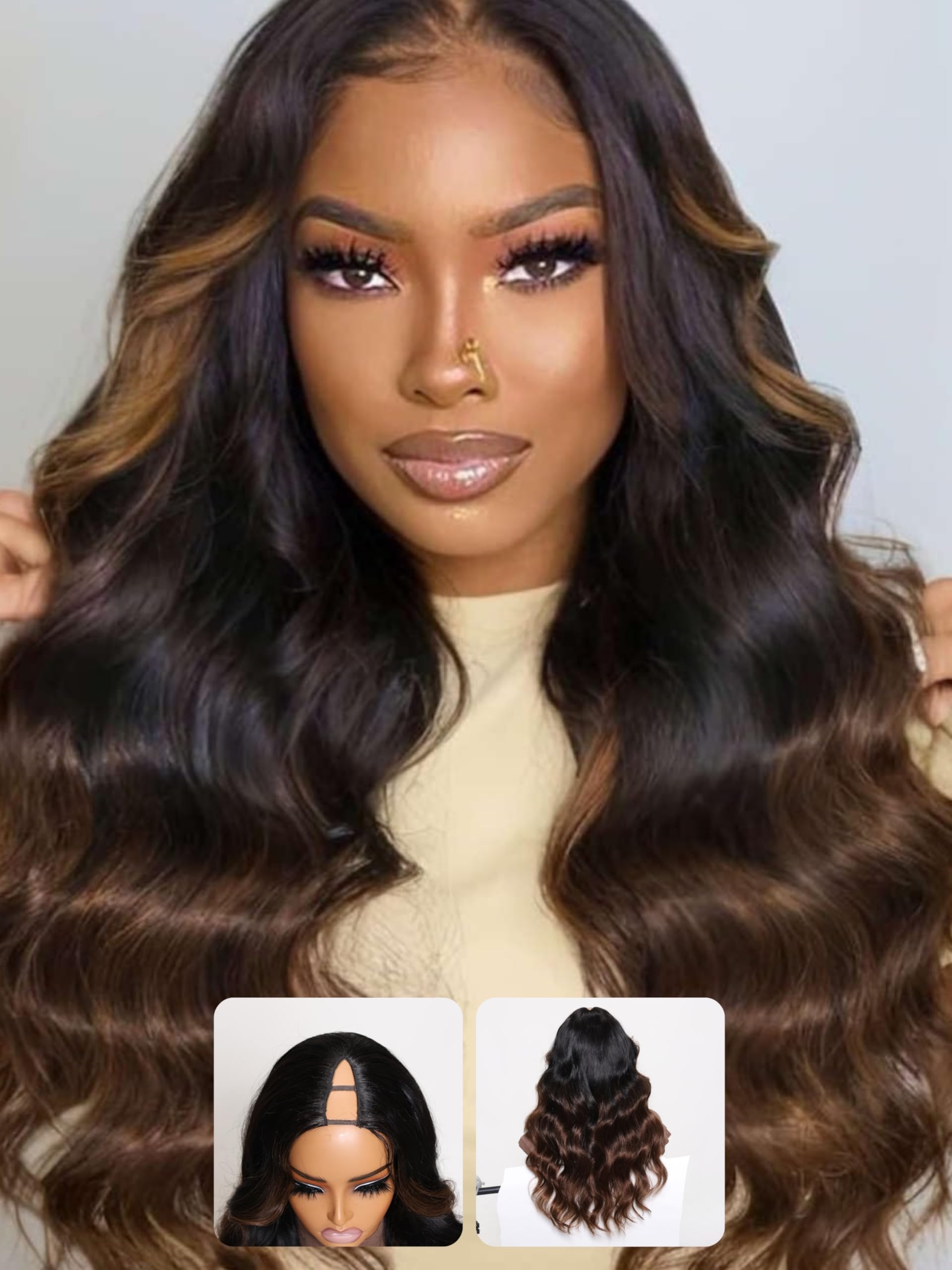 Nadula Highlight V Part Body Wave Wigs Human Hair No Leave Out Black to Chestnut Brown Ombre Upgrade U Part Wigs 12A Glueless Ombre V-part Wavy Wigs Clip in Half Wig Ready to Go 180% Density 16inch