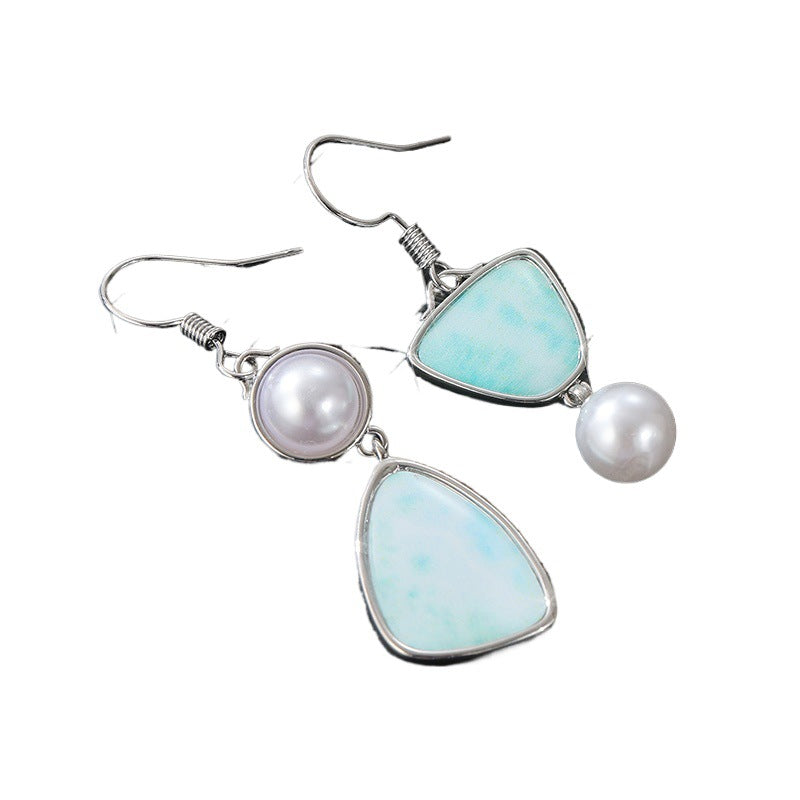 Elegant Asymmetric Pearl Blue Stone Drop Earrings Silver Tone Brass Women Daily Fashion Jewelry Gift