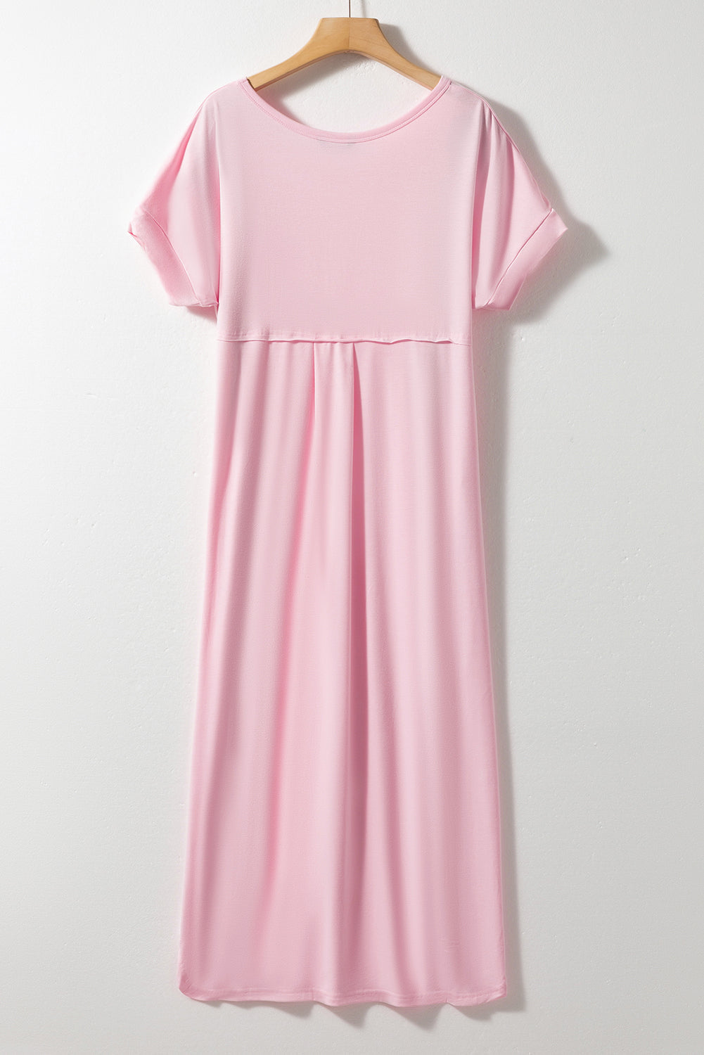 Pink V Neck Maxi T-Shirt Dress with Hidden Pockets