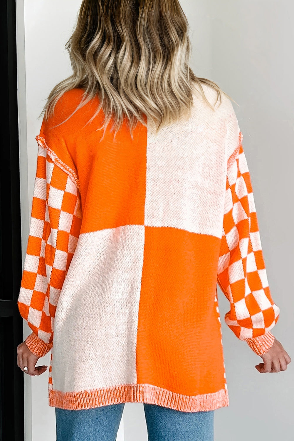 Brown Checkered Bubble Sleeve Drop Shoulder Open Cardigan