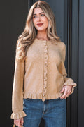 Yamileth oatmeal knit cardigan featuring gold buttons and ruffle trim details
