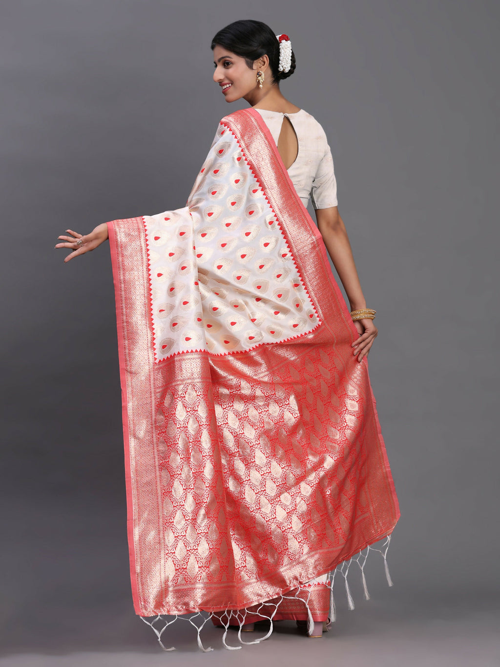 Banarasi Silk Saree in Red and White with Matching Blouse