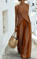 Women's Striped V-Neck Sleeveless Two-Piece Set White Black - Image 6