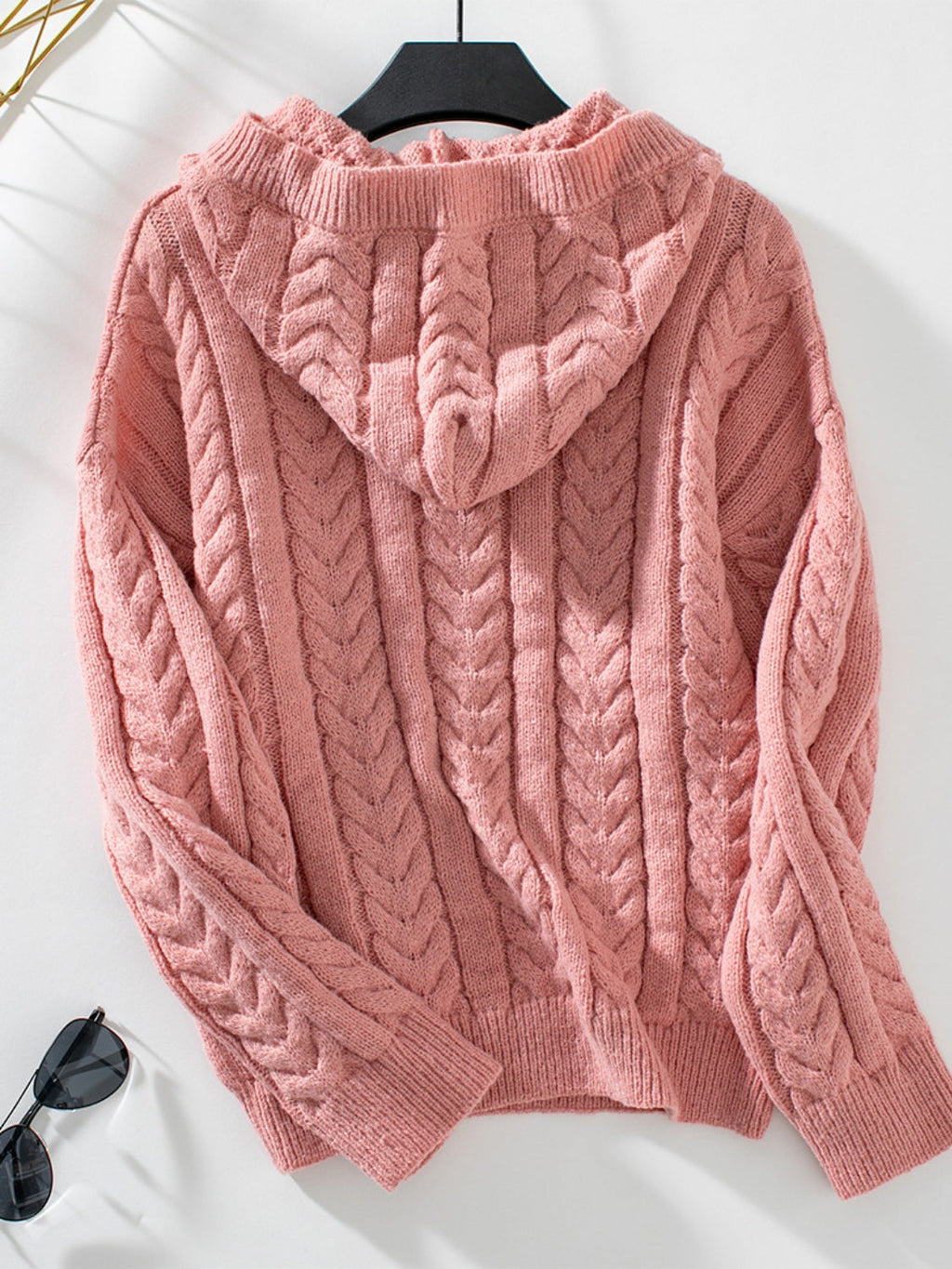 Women's Button-Down Cable-Knit Hooded Sweater in Tan - Image 7