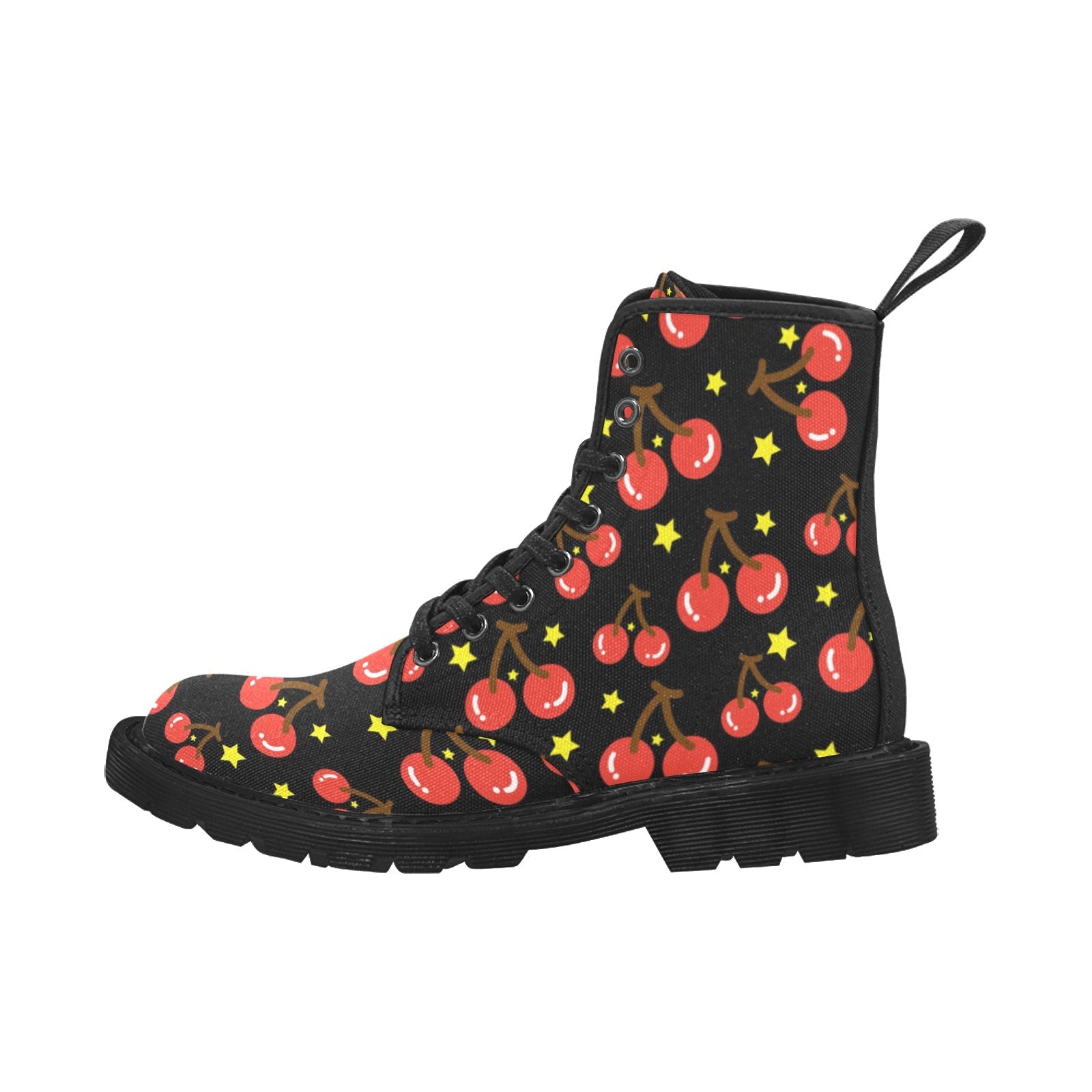 Women's Cherry & Star Print Black Canvas Lace-Up Combat Boots - Image 5