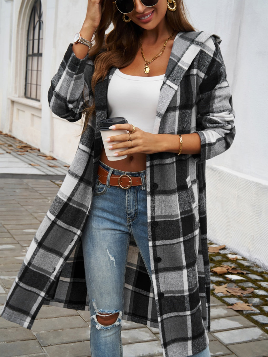 Women's Plaid Long Sleeve Hooded Coat in Brown and Green - Image 7