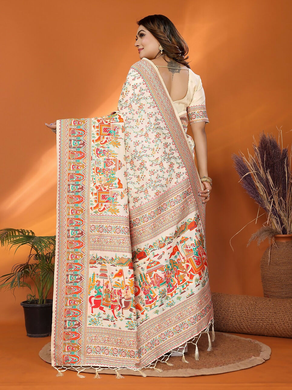 Off White Meena Weaves Silk Blend Pashmina Saree with Unstitched Blouse
